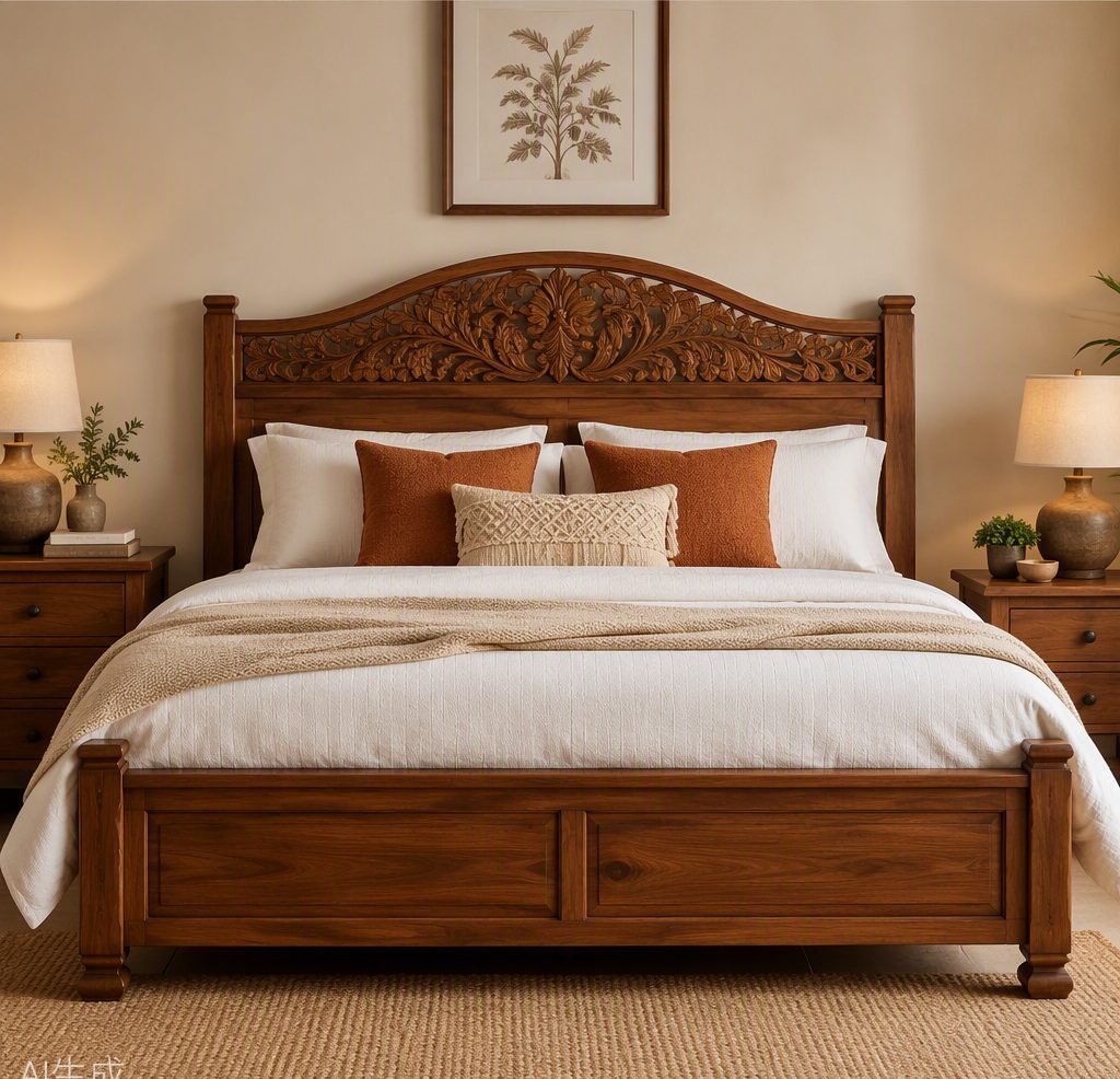 Dipan ranjang kayu jati dengan headboard ukir dan sprei putih