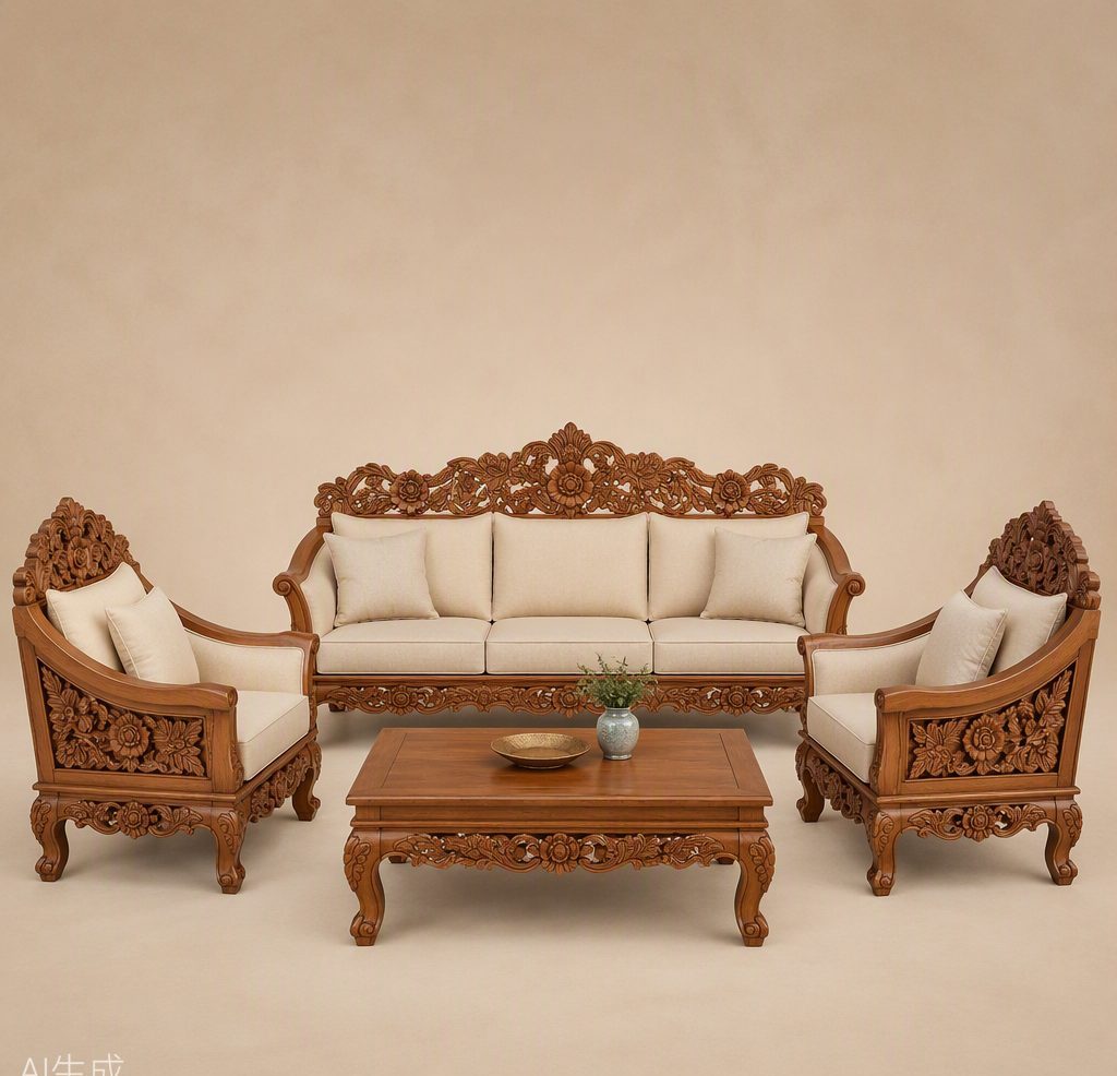 Set kursi tamu sofa jati ukir Jepara dengan bantal krem